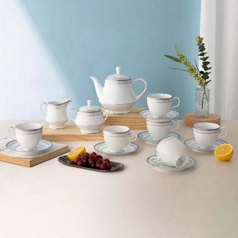  Bộ ấm chén uống trà (ấm 1.200ml, chén 250ml) 15 món sứ trắng | Noritake Hampshire Platinum 4336L - T017A 