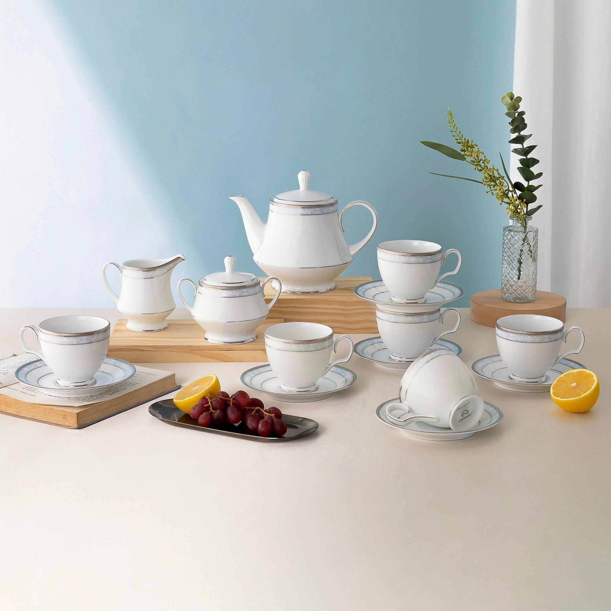 Bộ ấm chén uống trà (ấm 1.200ml, chén 250ml) 15 món sứ trắng | Noritake Hampshire Platinum 4336L - T017A