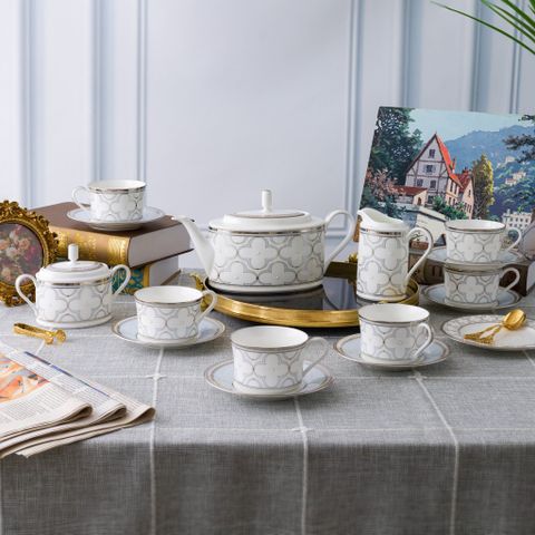  Bộ ấm chén uống trà (ấm 1.250ml, chén 245ml) 15 món sứ xương | Noritake Trefolio Platinum 4957L - T017A 