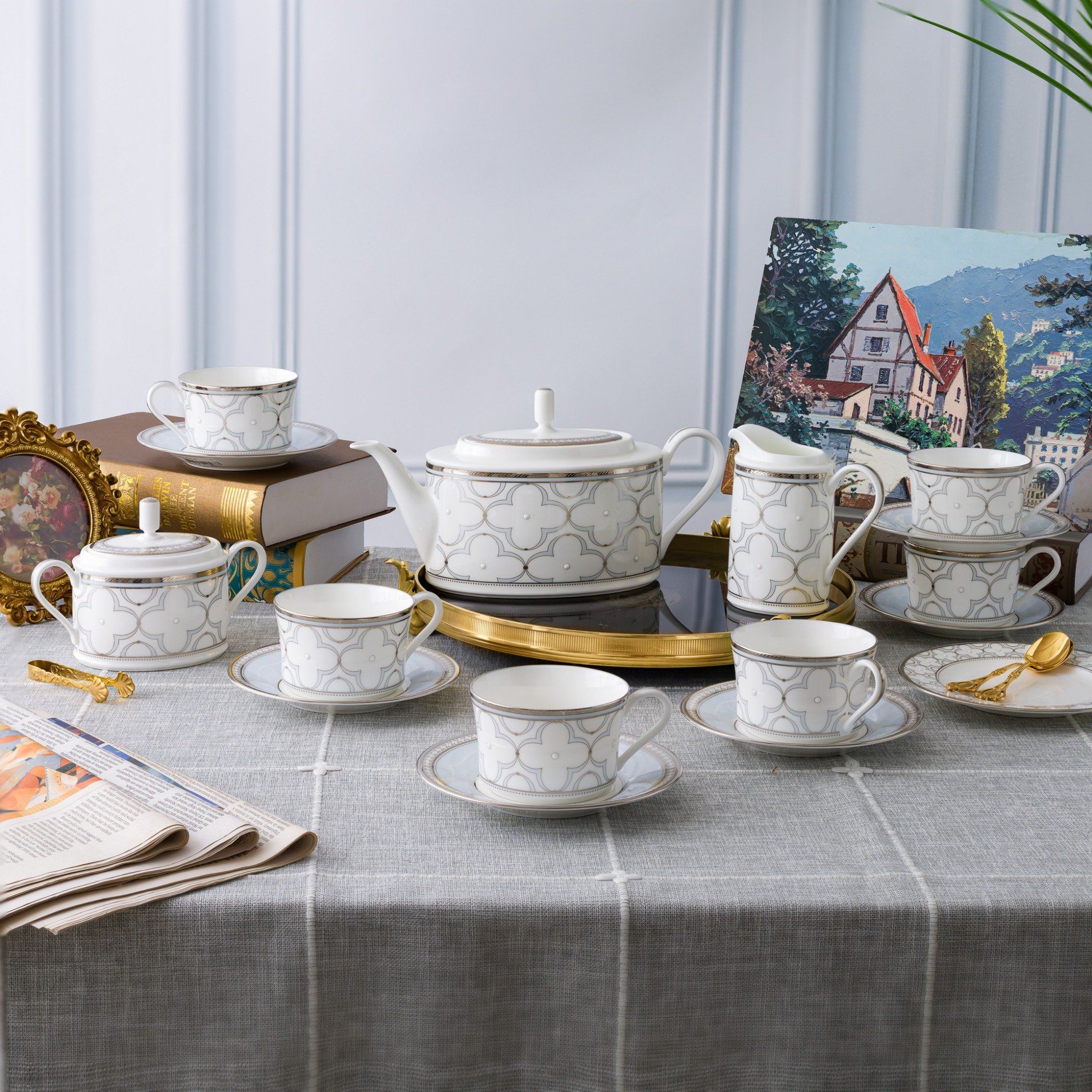 Bộ ấm chén uống trà (ấm 1.250ml, chén 245ml) 15 món sứ xương | Noritake Trefolio Platinum 4957L - T017A