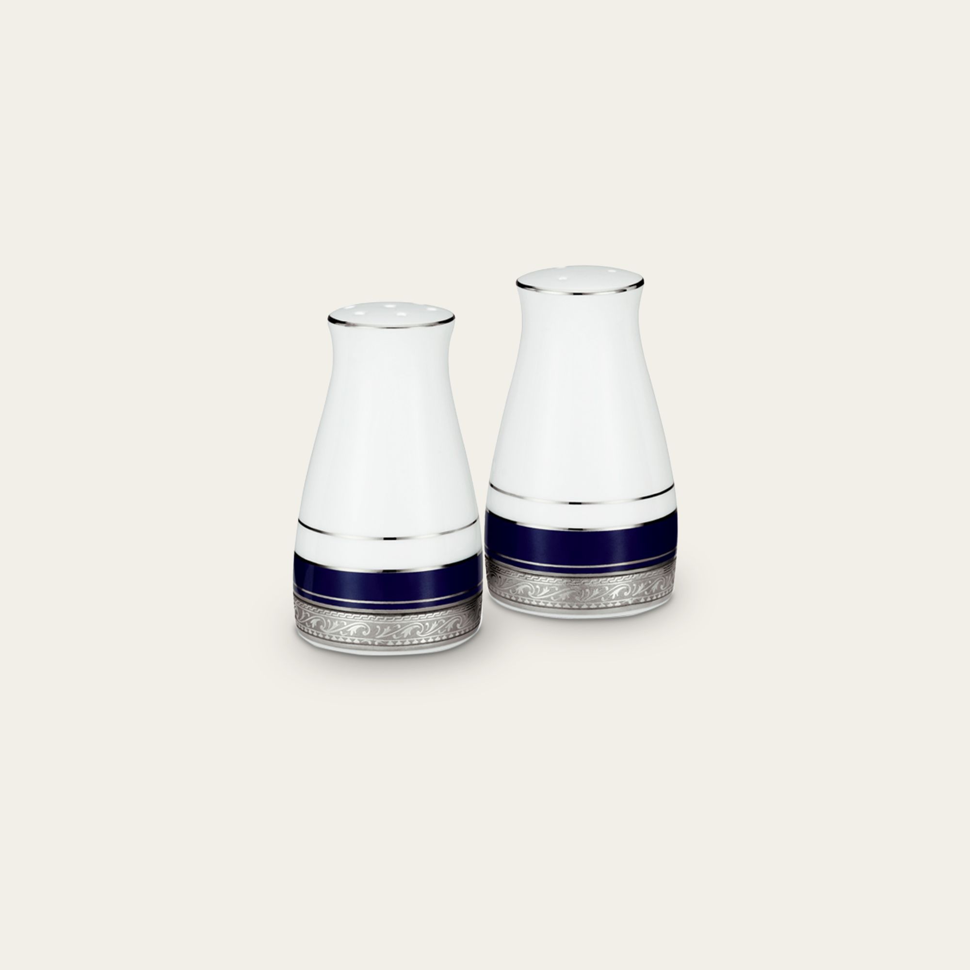 Bộ lọ đựng tiêu (3 lỗ) và muối (7 lỗ) cao 8,6cm sứ trắng | Noritake Crestwood Cobalt Platinum 4170L - 919710