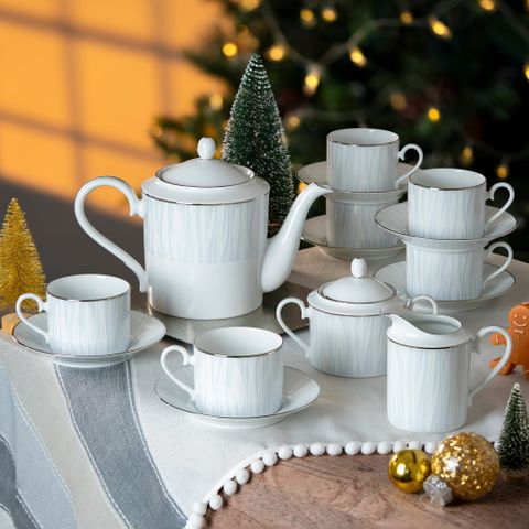  Bộ ấm chén uống trà (ấm 1.500ml, chén 240ml) 15 món sứ trắng | Noritake Glacier Platinum 1702L - T017A 