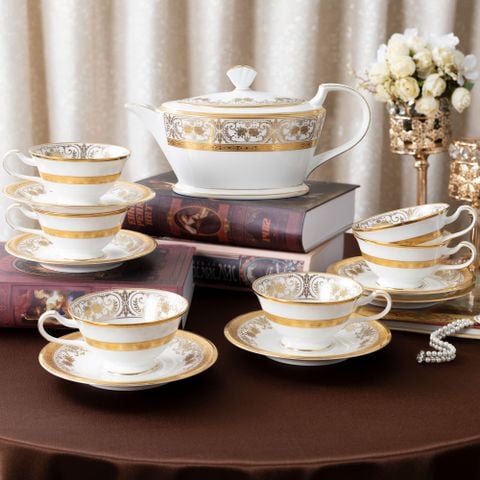 Bộ ấm chén trà (ấm 1.440ml, chén loe 220ml) 13 món sứ xương Nhật Bản | Noritake Georgian Palace 4858J - T014L 