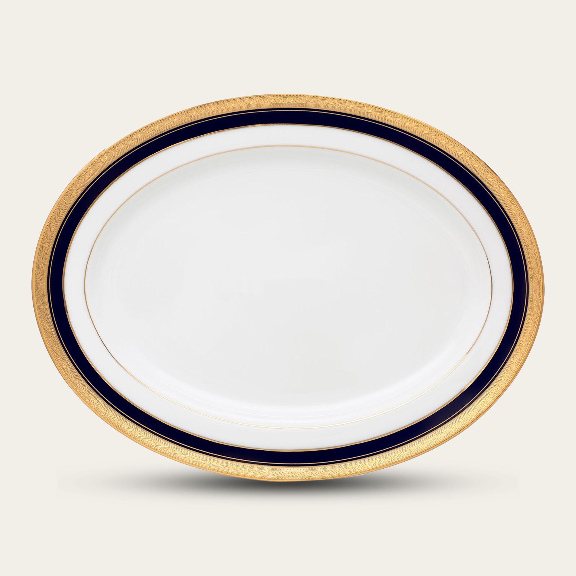 Đĩa Oval cỡ vừa (MD) dài 34,5cm sứ trắng | Noritake Crestwood Cobalt Gold 4171L - 91344
