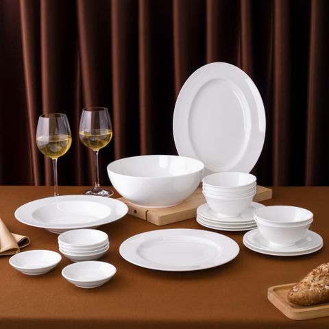  Bộ bát đĩa ăn châu Á cơ bản 22 món (đĩa tròn, cho 6 người) sứ xương | Noritake Plain White 9990L - D022AT 