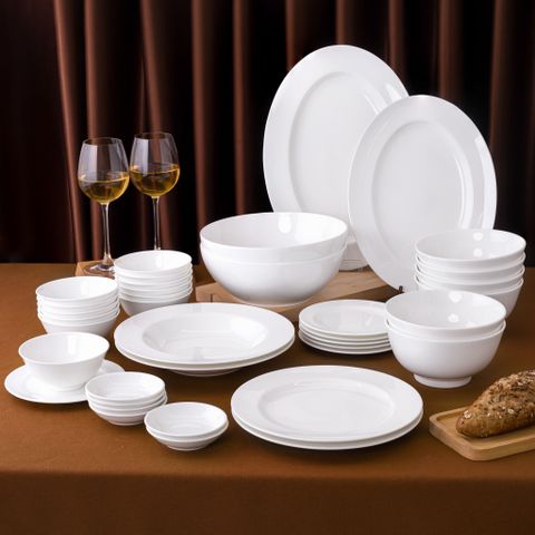  Bộ bát đĩa ăn châu Á đầy đủ 38 món (đĩa tròn, cho 6 người) sứ xương | Noritake Plain White 9990L - D038AT 