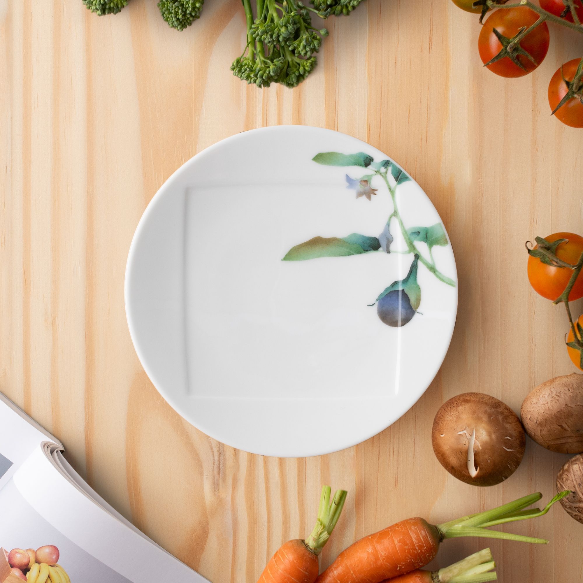 Đĩa tròn cỡ nhỏ 15,5cm (họa tiết cà tím) lót bát (chén) cơm 11,1cm sứ trắng | Noritake Kyoka Shunsai 1620-5L - 94531