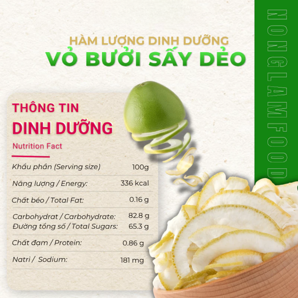  VỎ BƯỞI SẤY DẺO NONGLAMFOOD 85G – MỨT VỎ BƯỞI DẺO MỀM, VỊ THANH TỰ NHIÊN 