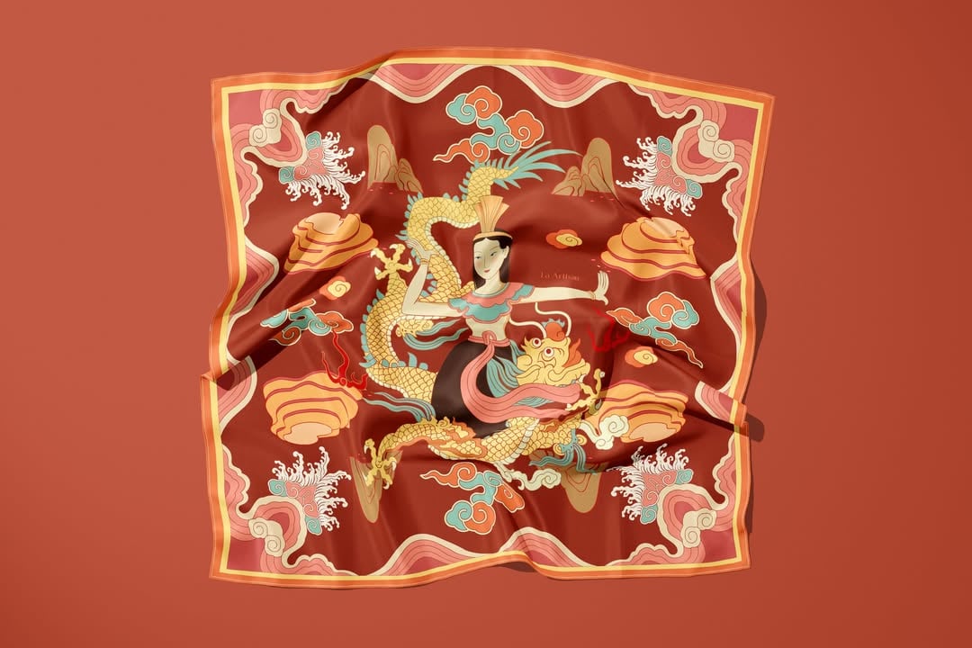 Khăn lụa Mẹ Âu Cơ choàng vai, quàng cổ cao cấp 60x60cm, 90x90cm - Quà tặng văn hóa La'Artisan