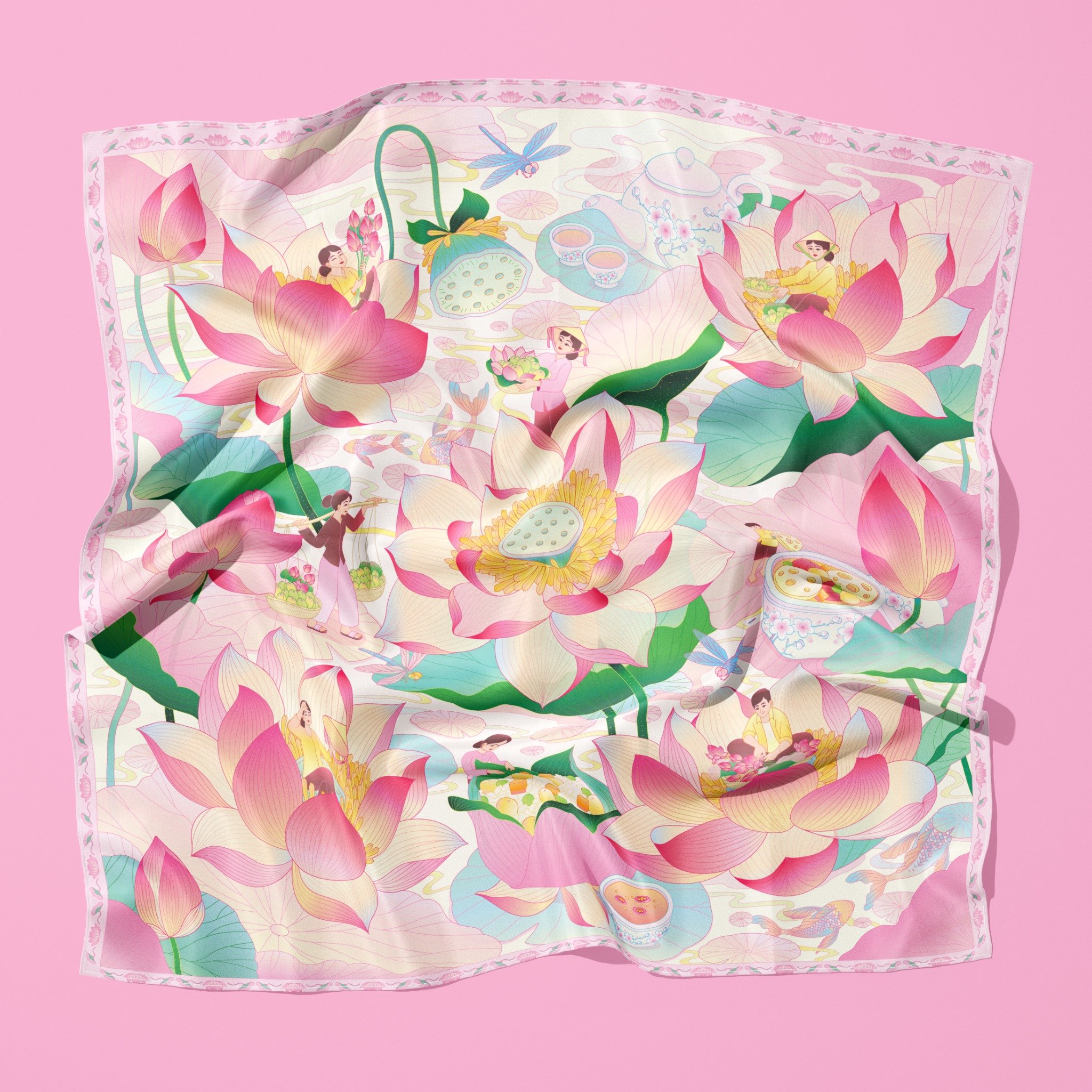 Khăn vuông họa tiết Sen Đồng Tháp