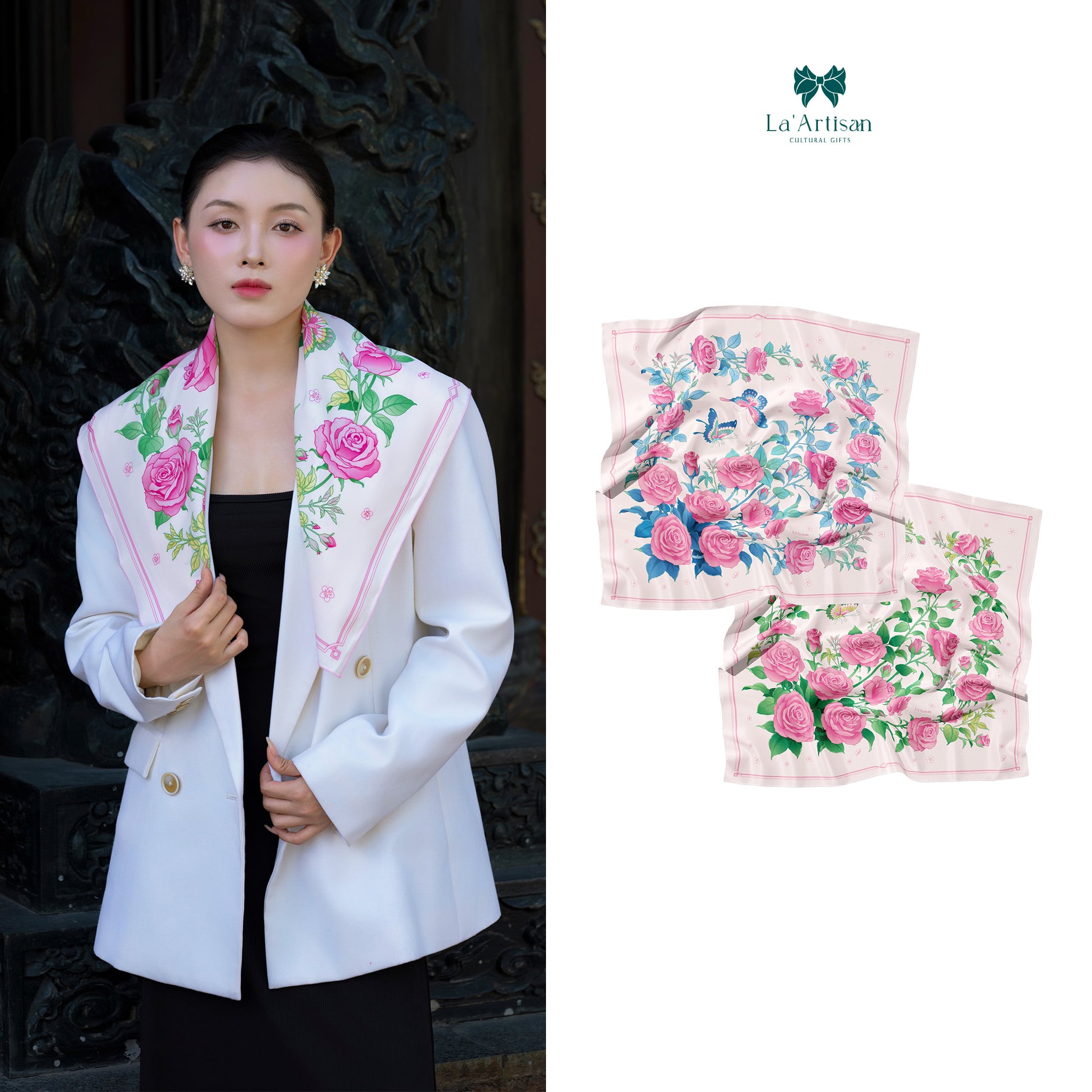 Khăn vuông hoạ tiết Hoa Hồng