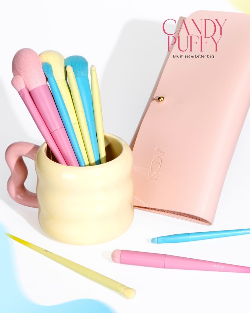 Bộ Cọ Trang Điểm Vacosi Candy Puffy Brush Set 10 Cây Kèm Ví Hồng - BC34