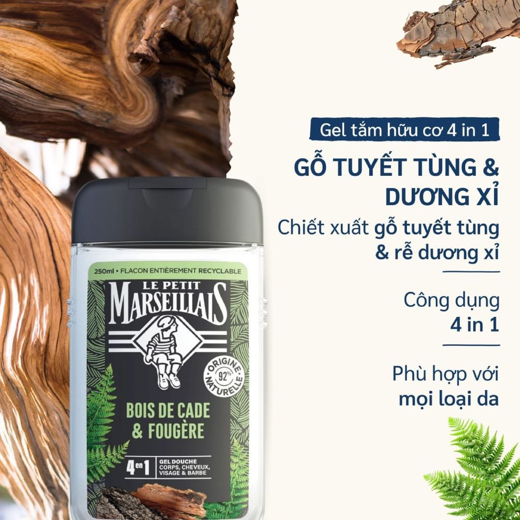 Sữa Tắm 92% Hữu Cơ Le Petit Marseillais 4in1 For Men 250ml