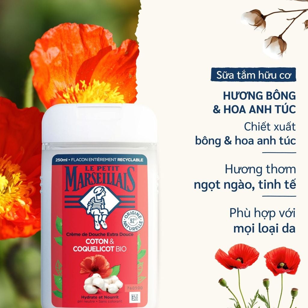 Sữa Tắm 92% Hữu Cơ Le Petit Marseillais  250ml