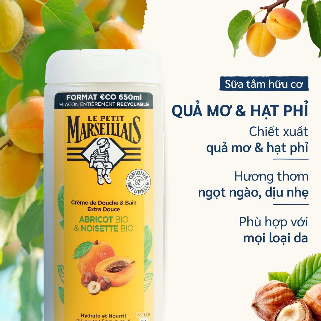 Sữa Tắm Thiên Nhiên Dạng Kem Le Petit Marseillais Gel 92% 650ml