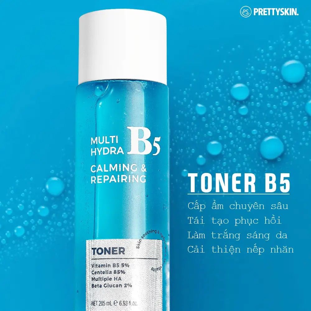 Nước hoa hồng Prettyskin Multi Hydra B5 Calming & Repairing 205ml