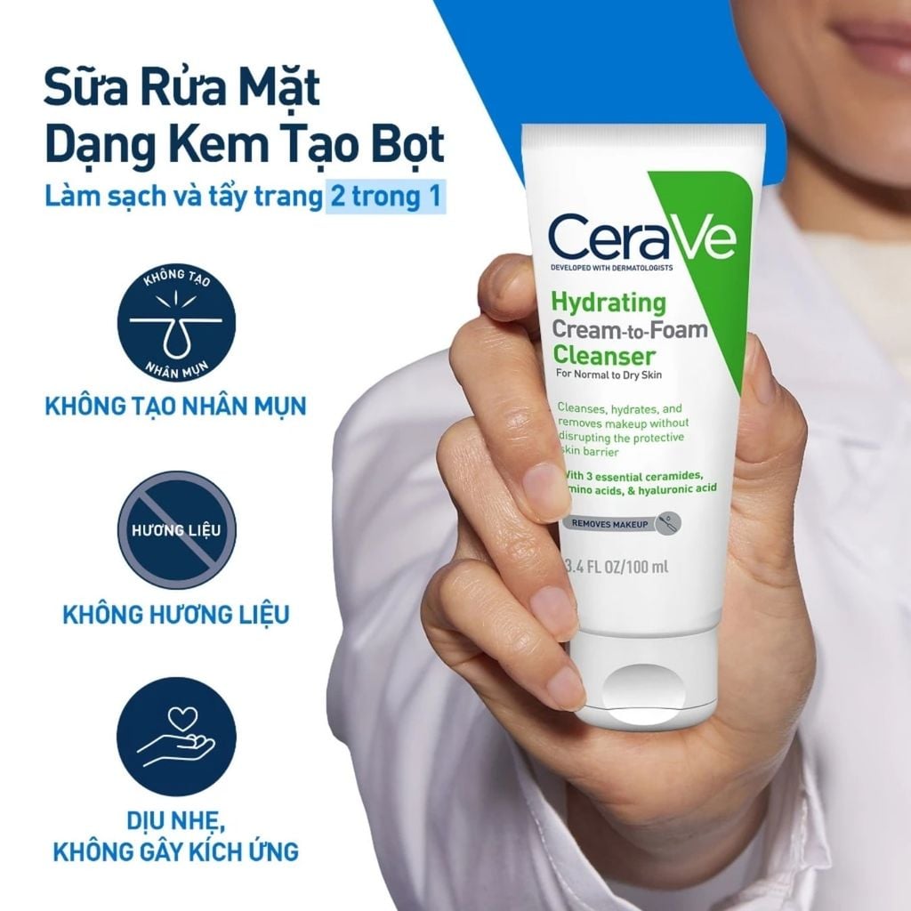 Sữa rửa mặt Cerave Dạng Kem Hydrating Cream-To-Foam Cleanser