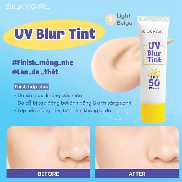 Kem lót chống nắng che khuyết điểm Silkygirl UV blur tint #01 light Beige 25ml