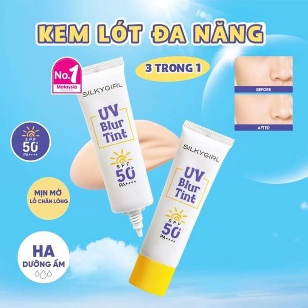 Kem lót chống nắng che khuyết điểm Silkygirl UV blur tint #01 light Beige 25ml