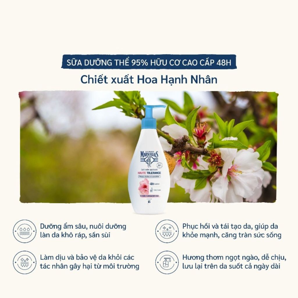 Sữa dưỡng thể Hữu Cơ Le Petit Marseillais 95% Thiên Nhiên Dưỡng Ẩm 48h 250ml