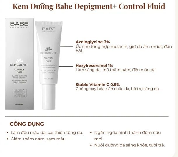 Kem dưỡng sáng da, mờ thâm nám Babe Depigment+ Control Fluid Cream 40ml