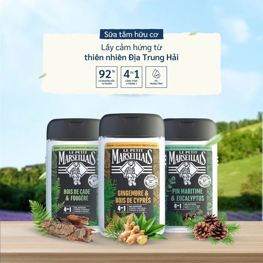 Sữa Tắm 92% Hữu Cơ Le Petit Marseillais 4in1 For Men 250ml