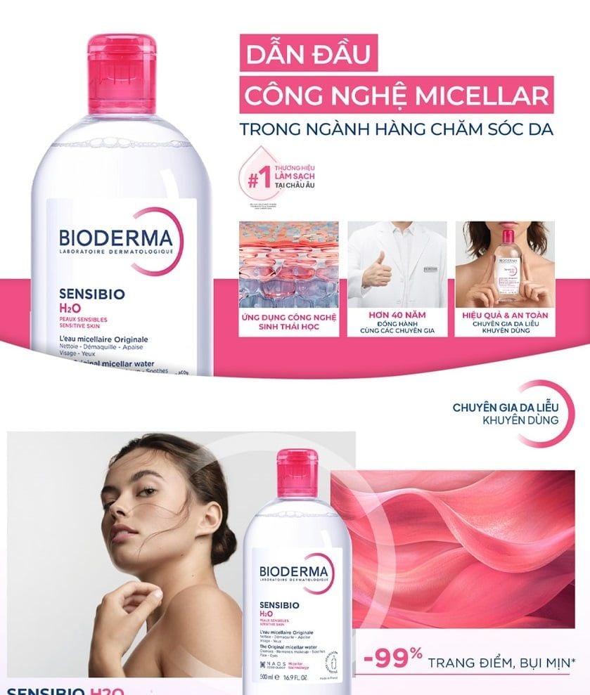 Nước tẩy trang Bioderma sensibio H2O nắp hồng cho da thường, da khô (100ml-250ml-500ml)