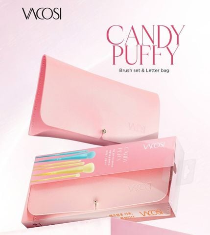 Bộ Cọ Trang Điểm Vacosi Candy Puffy Brush Set 10 Cây Kèm Ví Hồng - BC34
