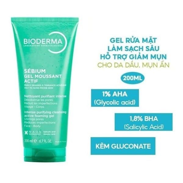 Gel Rửa Mặt Bioderma Sébium Gel Moussant Actif Làm Sạch Sâu, Giảm Mụn 200ml
