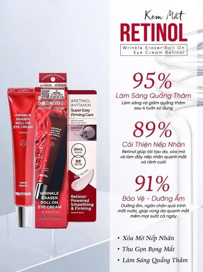 Kem dưỡng mắt Prettyskin Wrinkle Eraser Roll On Eye Retinol 30ml