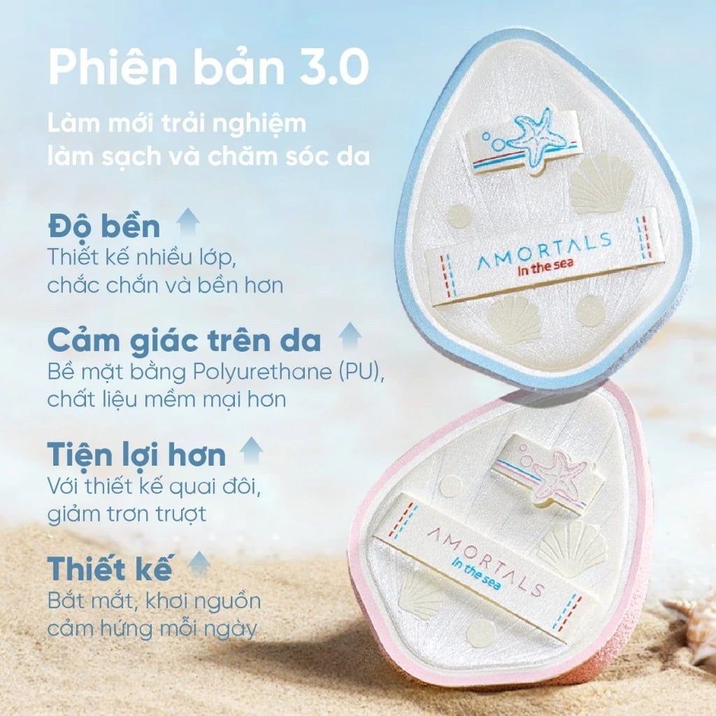 Bông Rửa Mặt Amortals Ocean 3.0 – Mút Tẩy Trang & Rửa Mặt PU Mềm Mịn, Tạo Bọt Nhanh, Thiết Kế Quai Đôi Chống Trượt