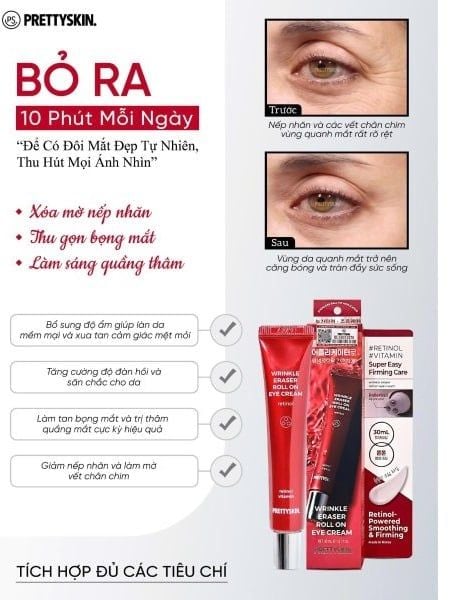 Kem dưỡng mắt Prettyskin Wrinkle Eraser Roll On Eye Retinol 30ml