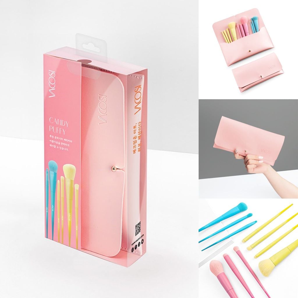Bộ Cọ Trang Điểm Vacosi Candy Puffy Brush Set 10 Cây Kèm Ví Hồng - BC34