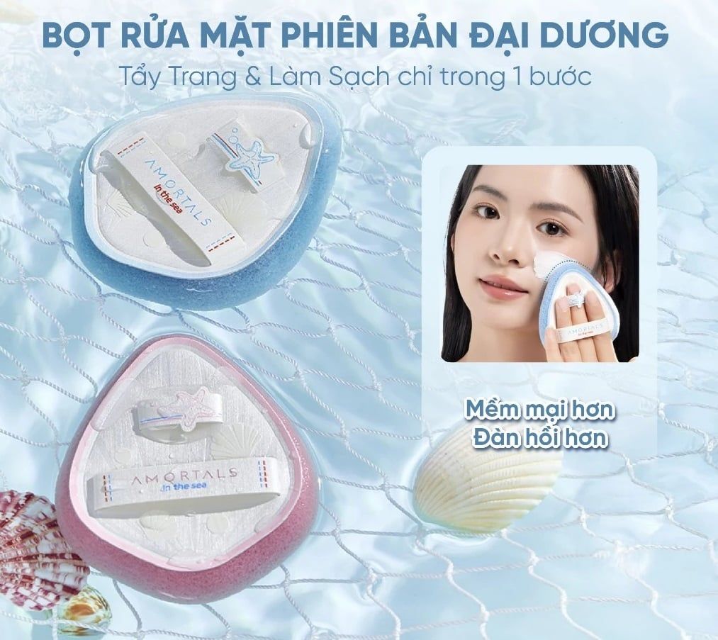 Bông Rửa Mặt Amortals Ocean 3.0 – Mút Tẩy Trang & Rửa Mặt PU Mềm Mịn, Tạo Bọt Nhanh, Thiết Kế Quai Đôi Chống Trượt