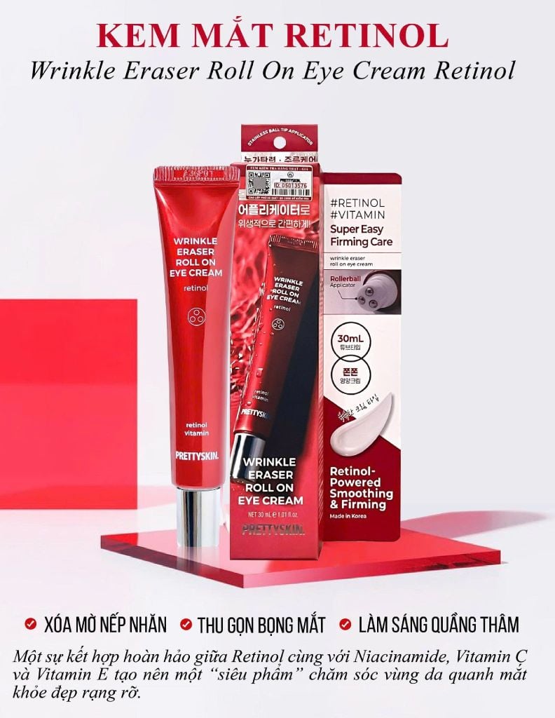 Kem dưỡng mắt Prettyskin Wrinkle Eraser Roll On Eye Retinol 30ml