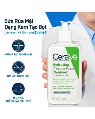 Sữa rửa mặt Cerave Dạng Kem Hydrating Cream-To-Foam Cleanser