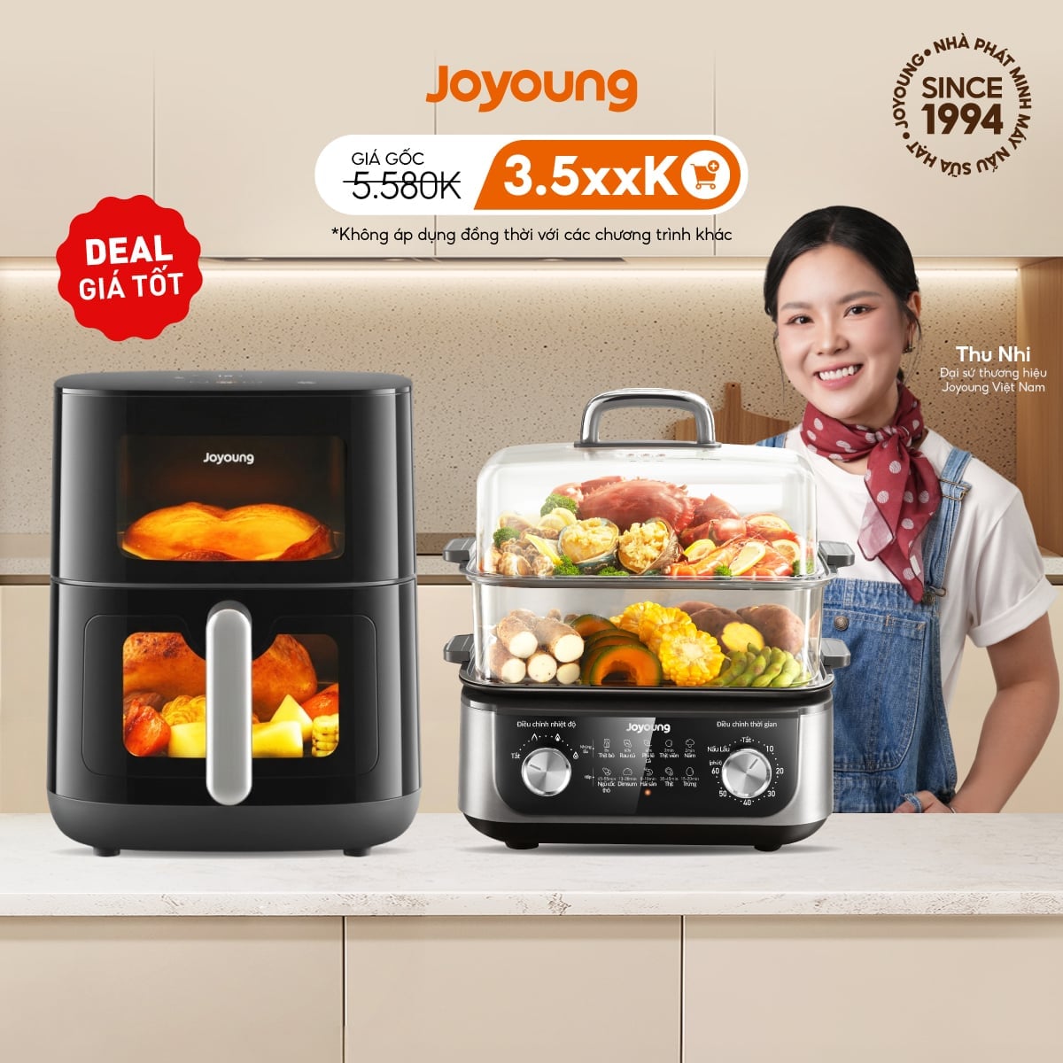 Combo Nồi lẩu hấp đa năng Joyoung JFS-556 + Nồi chiên không dầu cao cấp Joyoung JAF-579