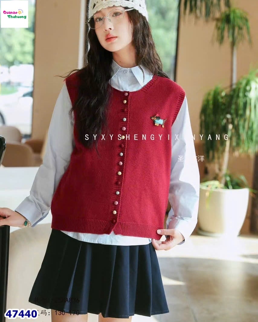 Set 3 món sơ mi xanh, gile đỏ