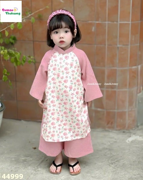 Áo dài J&J hồng nhạt hoa