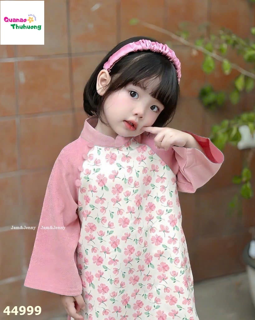 Áo dài J&J hồng nhạt hoa