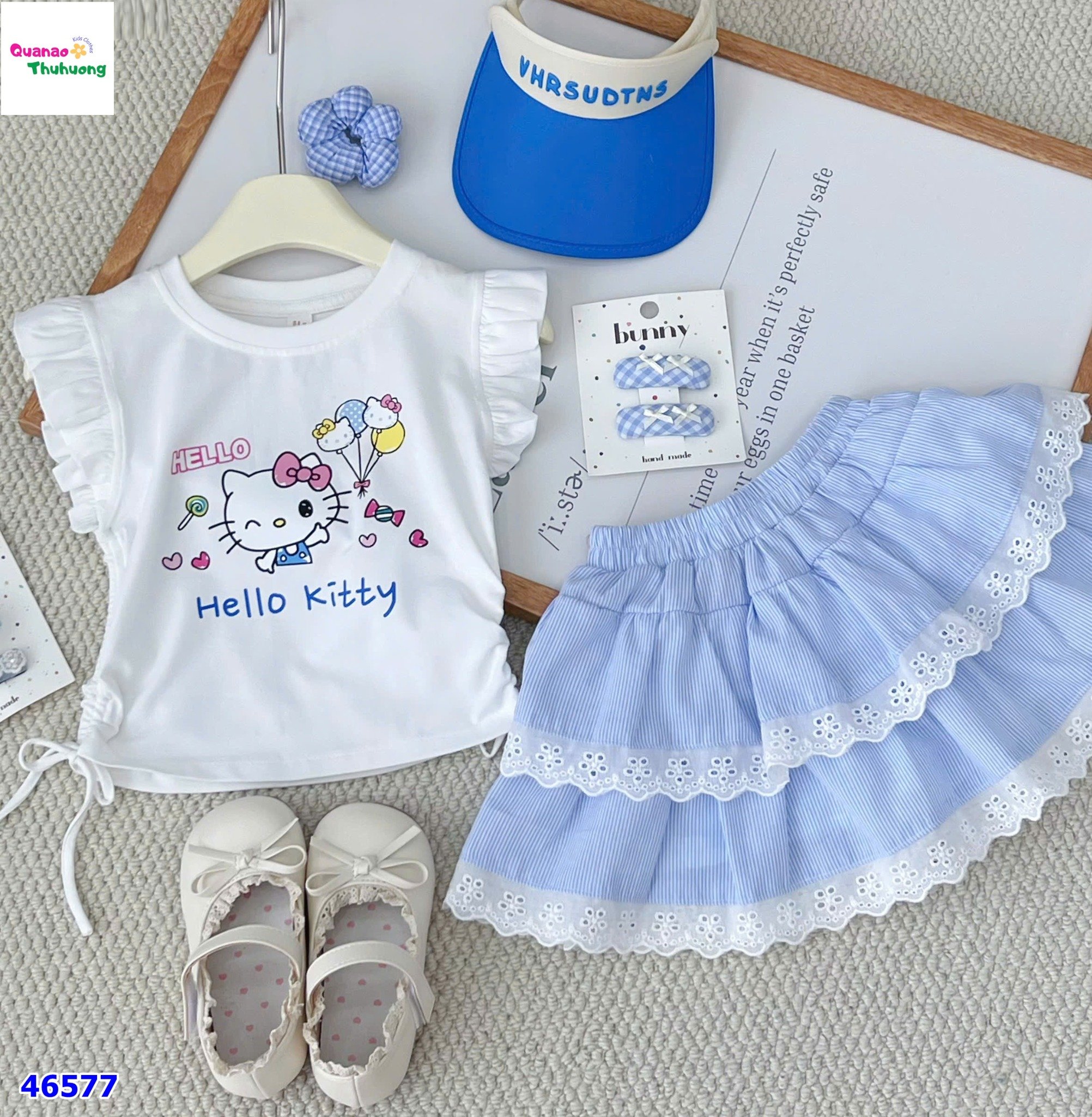 Set Miakid áo trắng Kitty, chân váy xanh