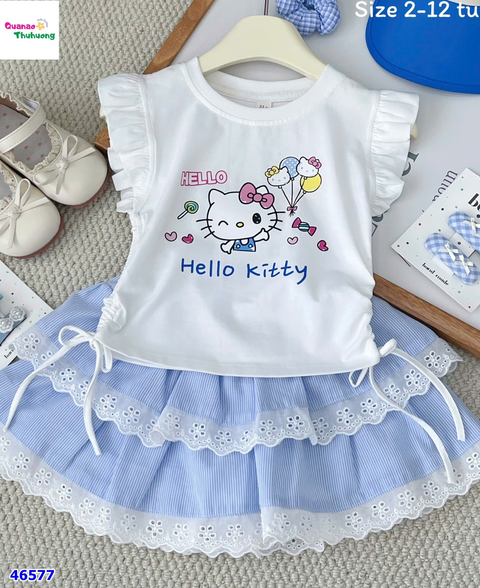 Set Miakid áo trắng Kitty, chân váy xanh