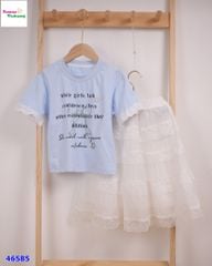 Set áo xanh dương tay ren, váy trắng