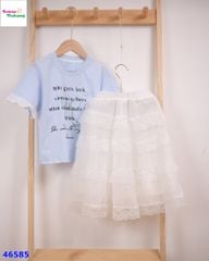 Set áo xanh dương tay ren, váy trắng