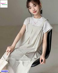 Set đầm yếm xám, áo sọc