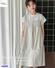 Set đầm yếm xám, áo sọc