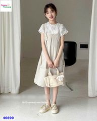 Set đầm yếm kem, áo sọc