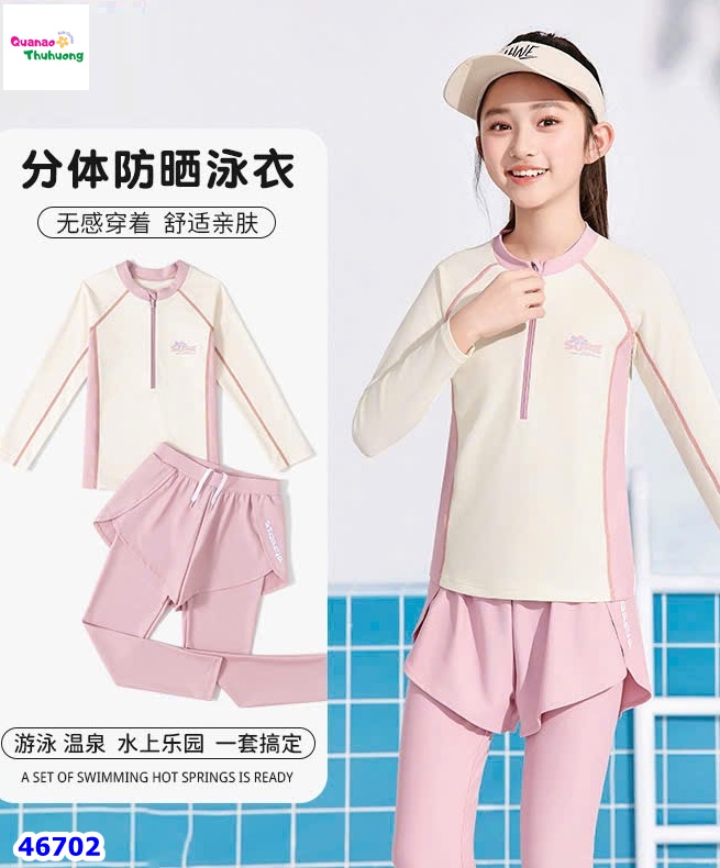 Set bơi dài bé gái phối kem hồng