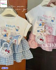Set Cici trắng Kitty, chân váy xanh