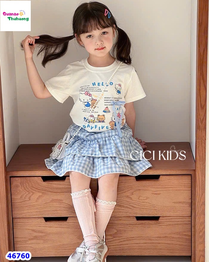 Set Cici trắng Kitty, chân váy xanh